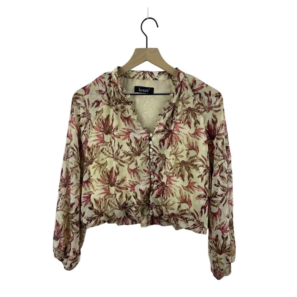 Kourt Women's Small Jenny Floral Balloon Sleeve Button Front Sheer Crop Top